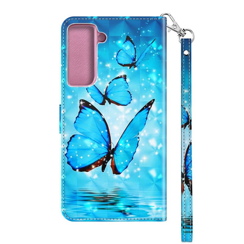 Leren Hoesje Samsung Galaxy S21 Plus 5G Vliegende Blauwe Vlinders