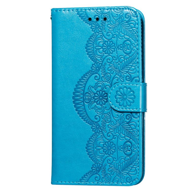 Leren Hoesje voor Samsung Galaxy S21 Plus 5G Lichtblauw Rood Bloemenborduurprint