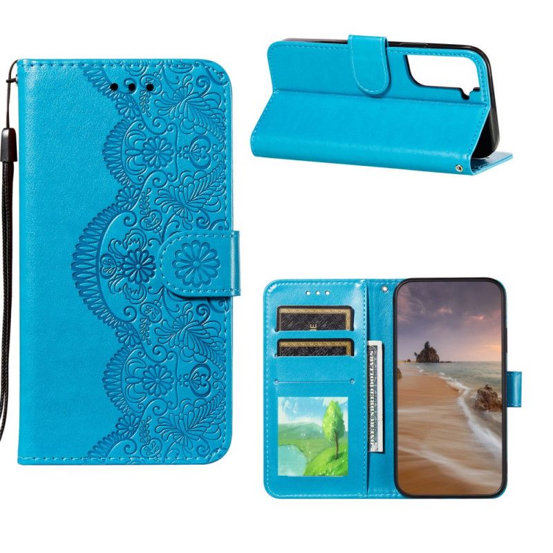 Leren Hoesje voor Samsung Galaxy S21 Plus 5G Lichtblauw Rood Bloemenborduurprint