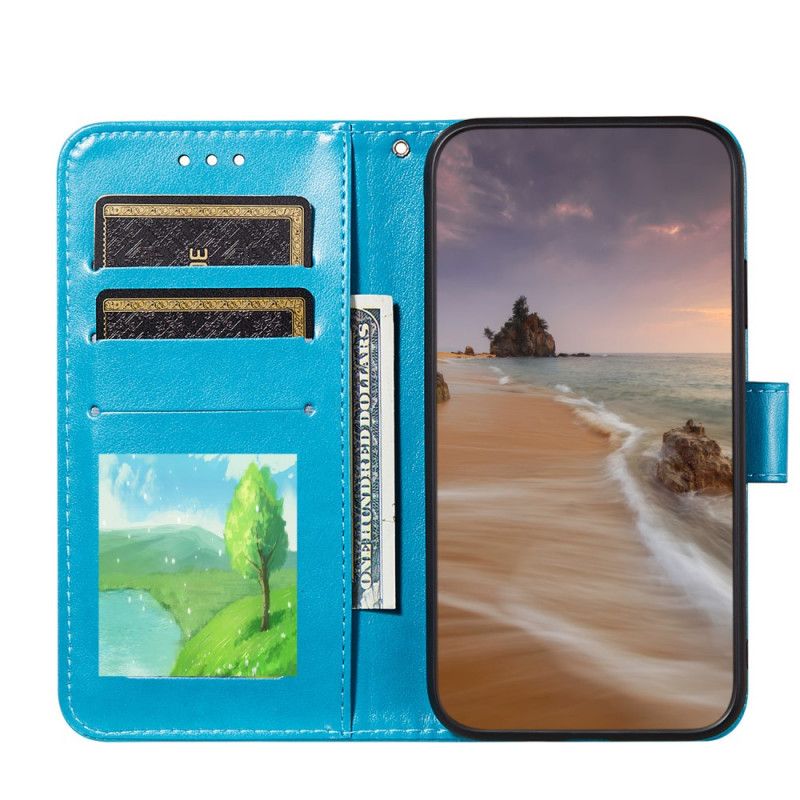 Leren Hoesje voor Samsung Galaxy S21 Plus 5G Lichtblauw Rood Bloemenborduurprint