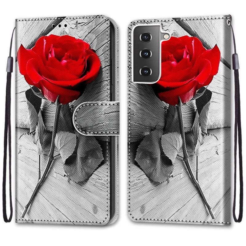 Leren Hoesje voor Samsung Galaxy S21 Plus 5G Lichtblauw Rood Bloemenwonder