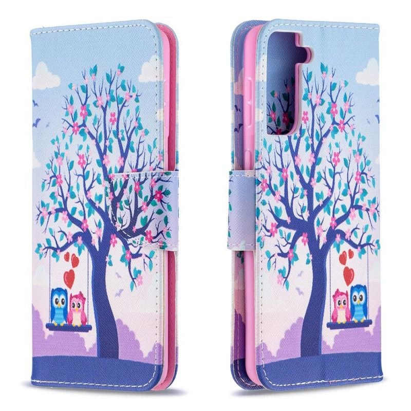 Leren Hoesje voor Samsung Galaxy S21 Plus 5G Uilen Op De Schommel
