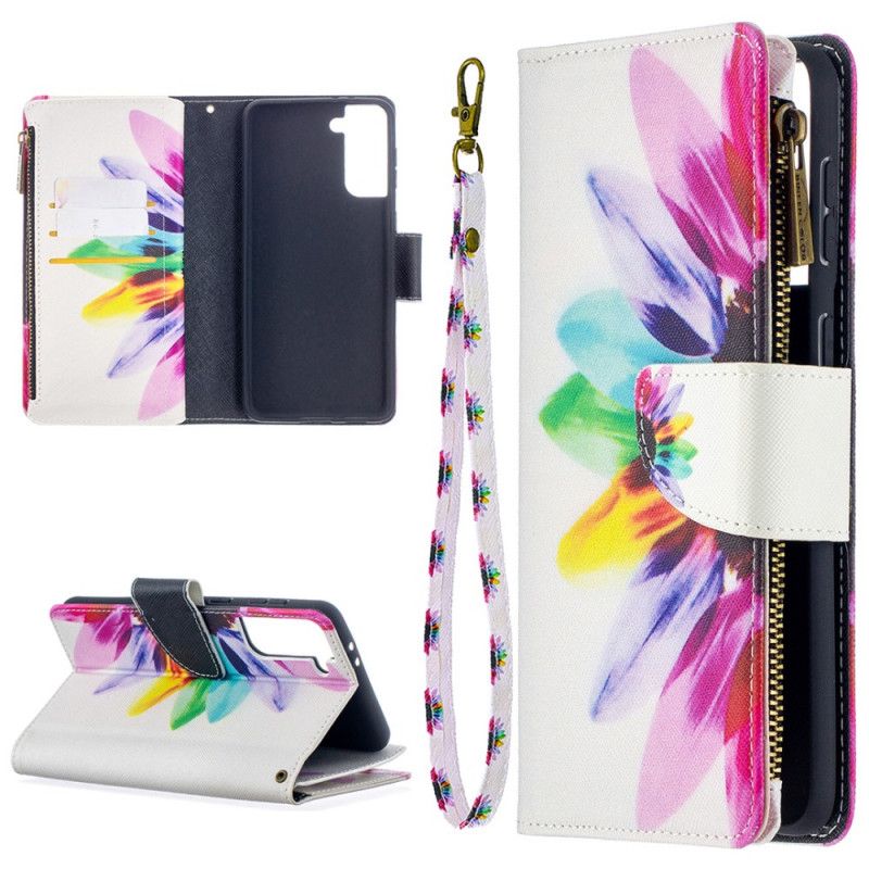 Leren Hoesje voor Samsung Galaxy S21 Plus 5G Zak Met Ritssluiting In Aquarelbloem