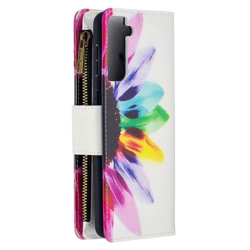 Leren Hoesje voor Samsung Galaxy S21 Plus 5G Zak Met Ritssluiting In Aquarelbloem