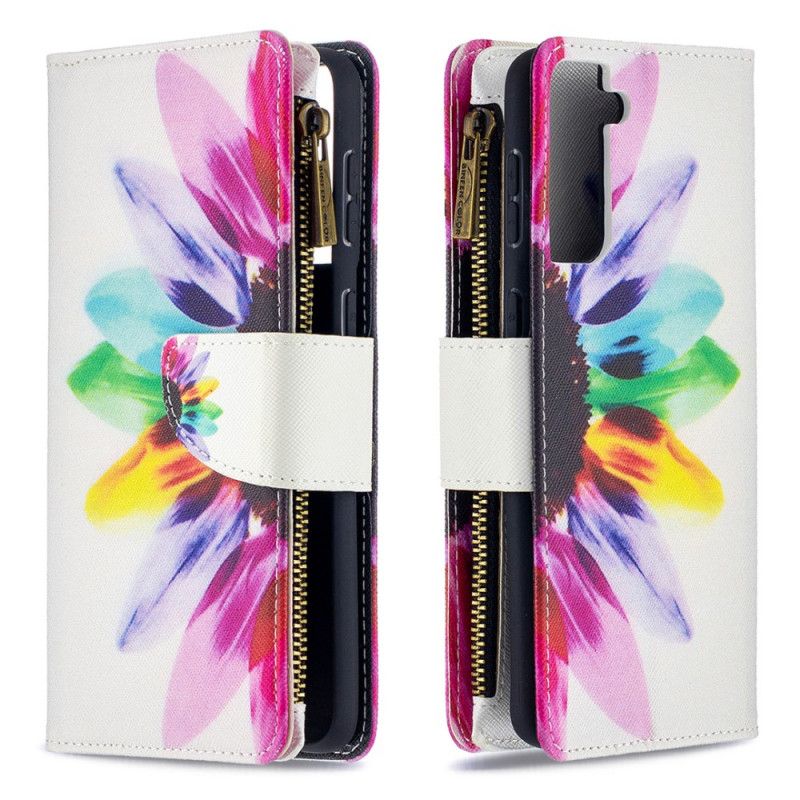 Leren Hoesje voor Samsung Galaxy S21 Plus 5G Zak Met Ritssluiting In Aquarelbloem