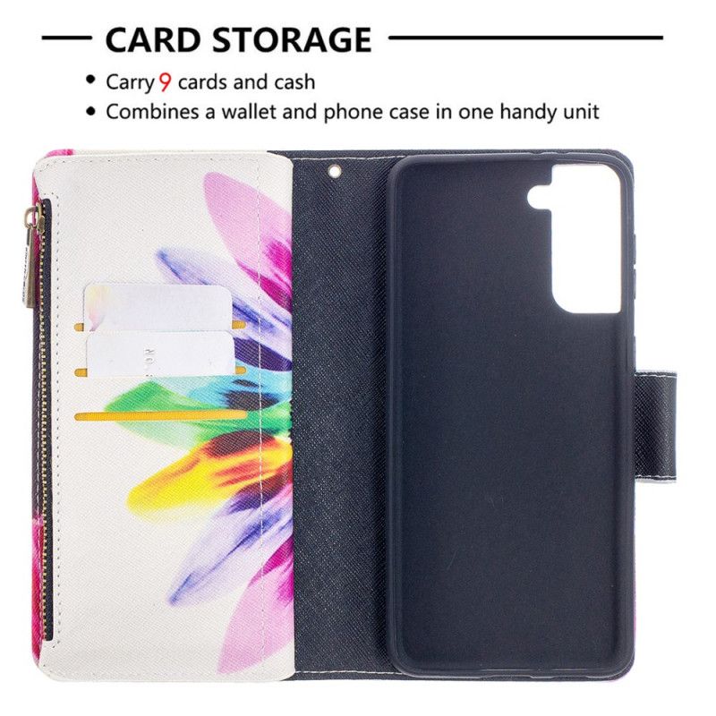 Leren Hoesje voor Samsung Galaxy S21 Plus 5G Zak Met Ritssluiting In Aquarelbloem