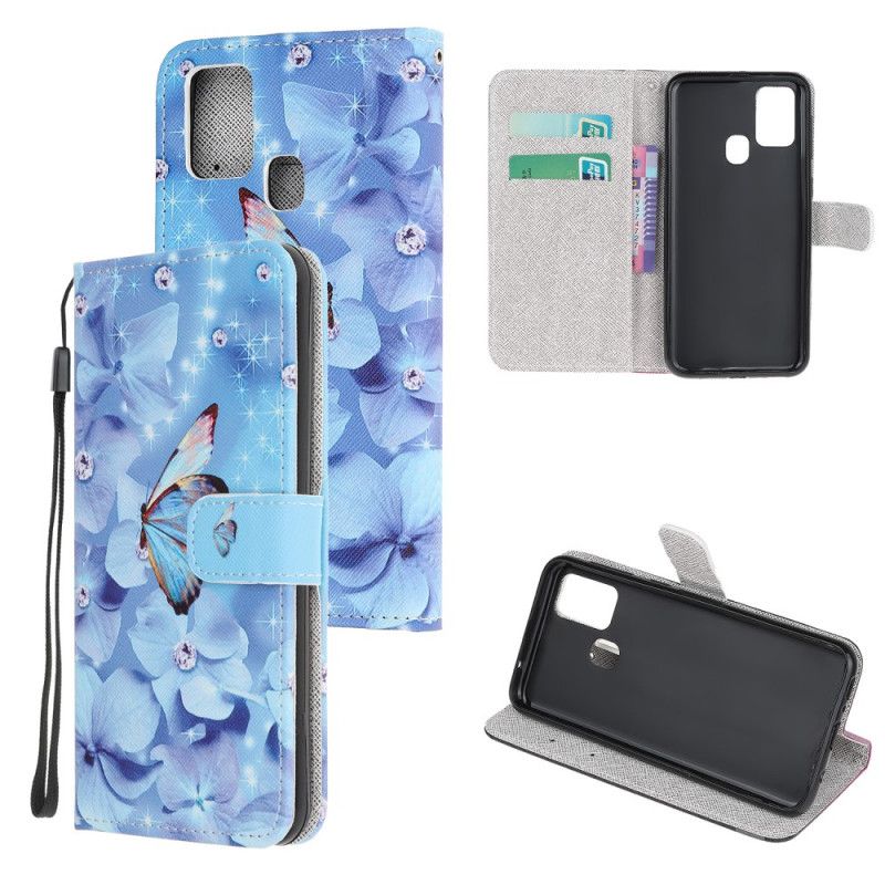 Cover Folio-hoesje Samsung Galaxy M21 Telefoonhoesje Diamanten Vlinders Met String