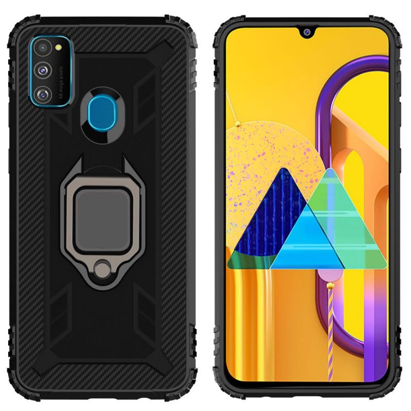 Hoesje voor Samsung Galaxy M21 Rood Zwart Ring En Koolstofvezel