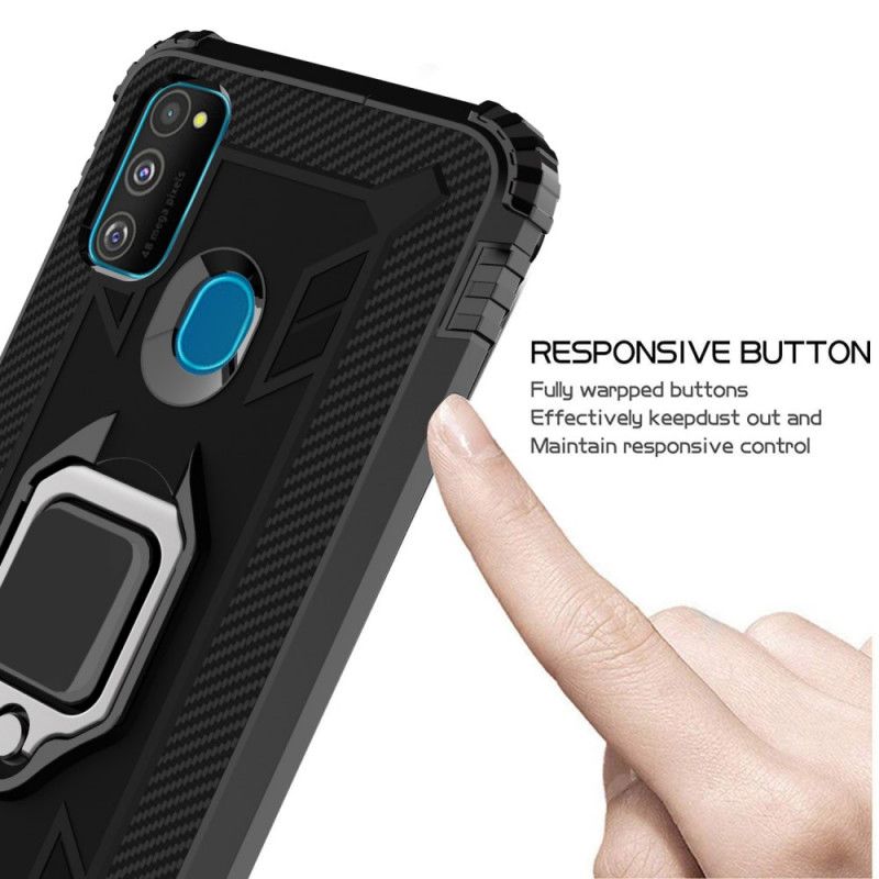 Hoesje voor Samsung Galaxy M21 Rood Zwart Ring En Koolstofvezel