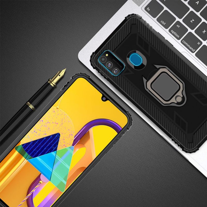 Hoesje voor Samsung Galaxy M21 Rood Zwart Ring En Koolstofvezel