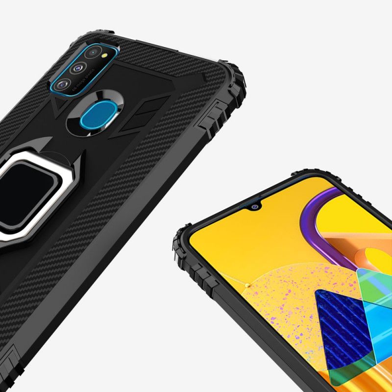 Hoesje voor Samsung Galaxy M21 Rood Zwart Ring En Koolstofvezel