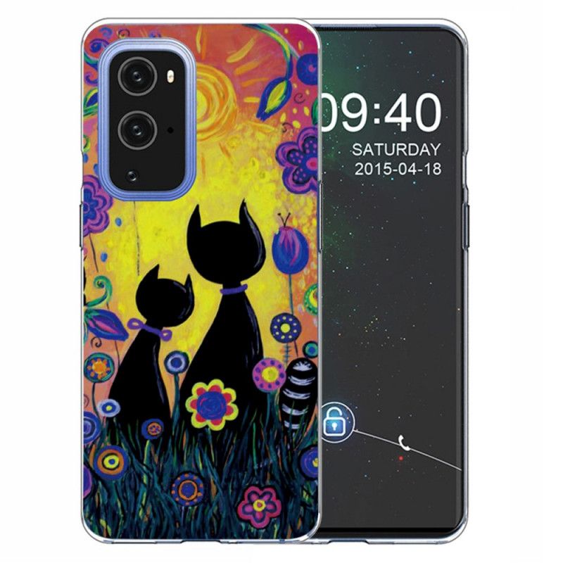 Cover Hoesje OnePlus 9 Geel Zwart Telefoonhoesje Tekenfilmkat