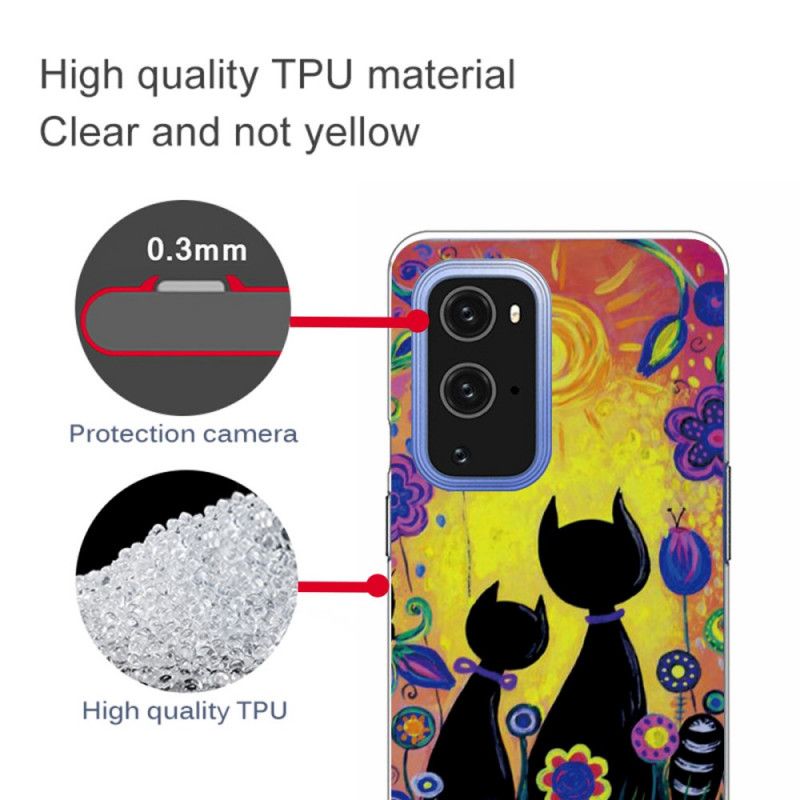 Cover Hoesje OnePlus 9 Geel Zwart Telefoonhoesje Tekenfilmkat