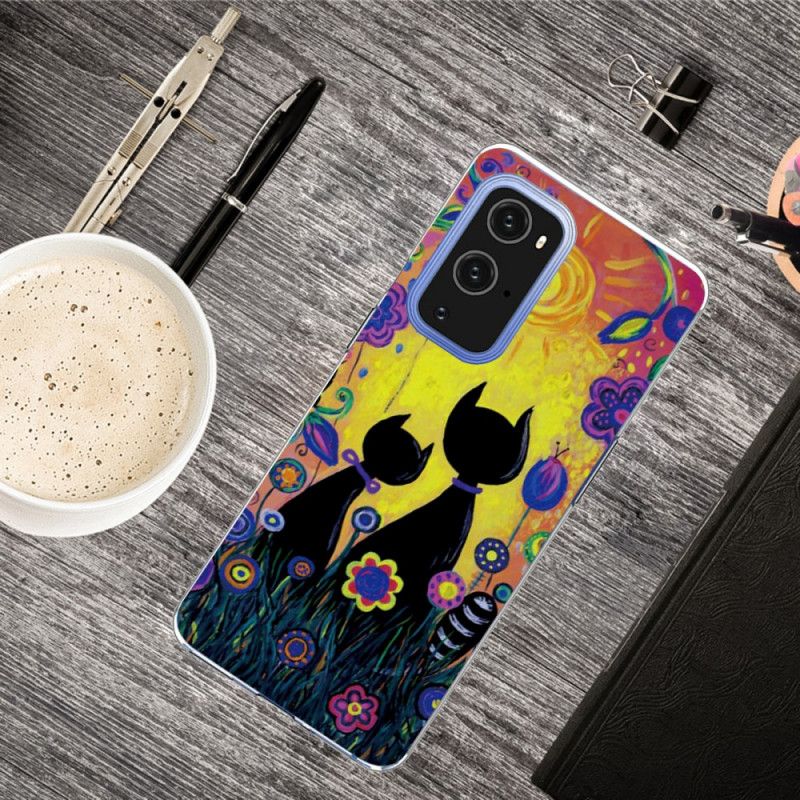 Cover Hoesje OnePlus 9 Geel Zwart Telefoonhoesje Tekenfilmkat