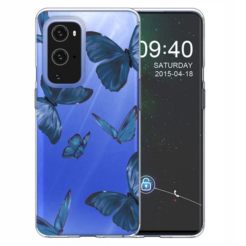 Hoesje OnePlus 9 Donkerblauw Roze Wilde Vlinders