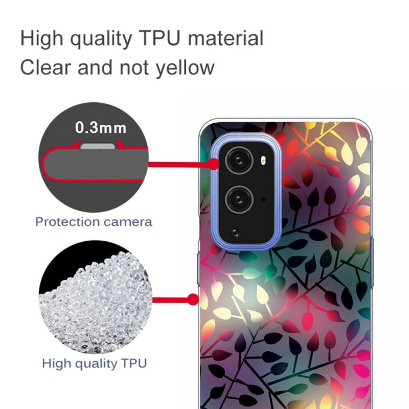 Hoesje OnePlus 9 Donkerrood Groen Bladeren