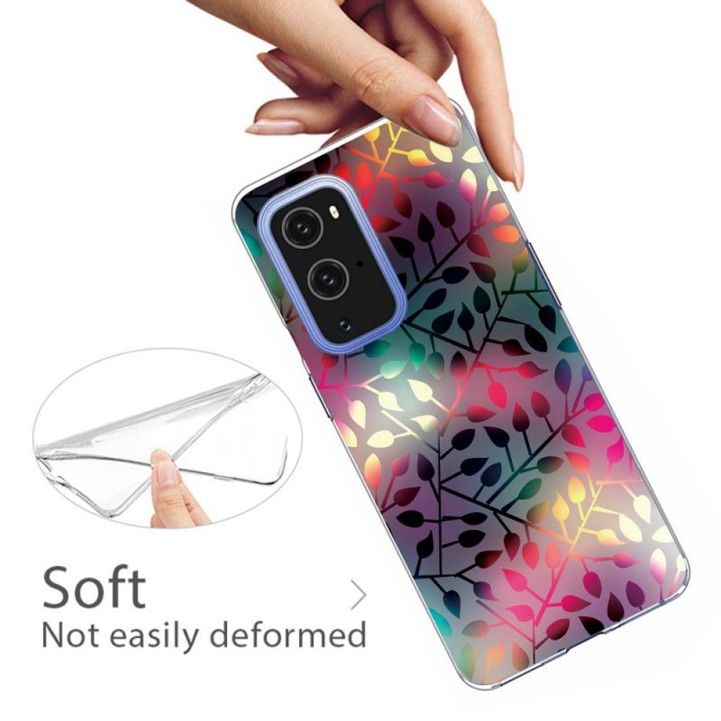 Hoesje OnePlus 9 Donkerrood Groen Bladeren