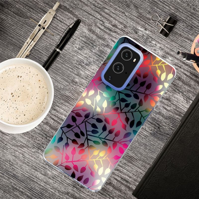 Hoesje OnePlus 9 Donkerrood Groen Bladeren