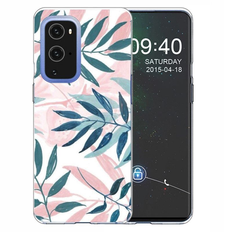 Hoesje OnePlus 9 Donkerrood Groen Bladeren