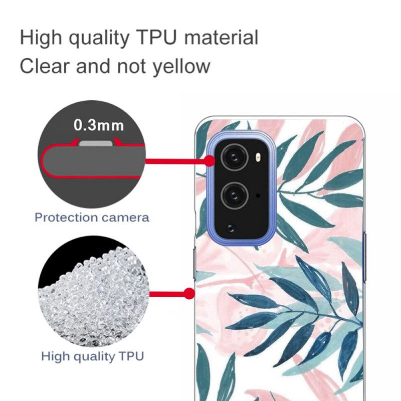 Hoesje OnePlus 9 Donkerrood Groen Bladeren