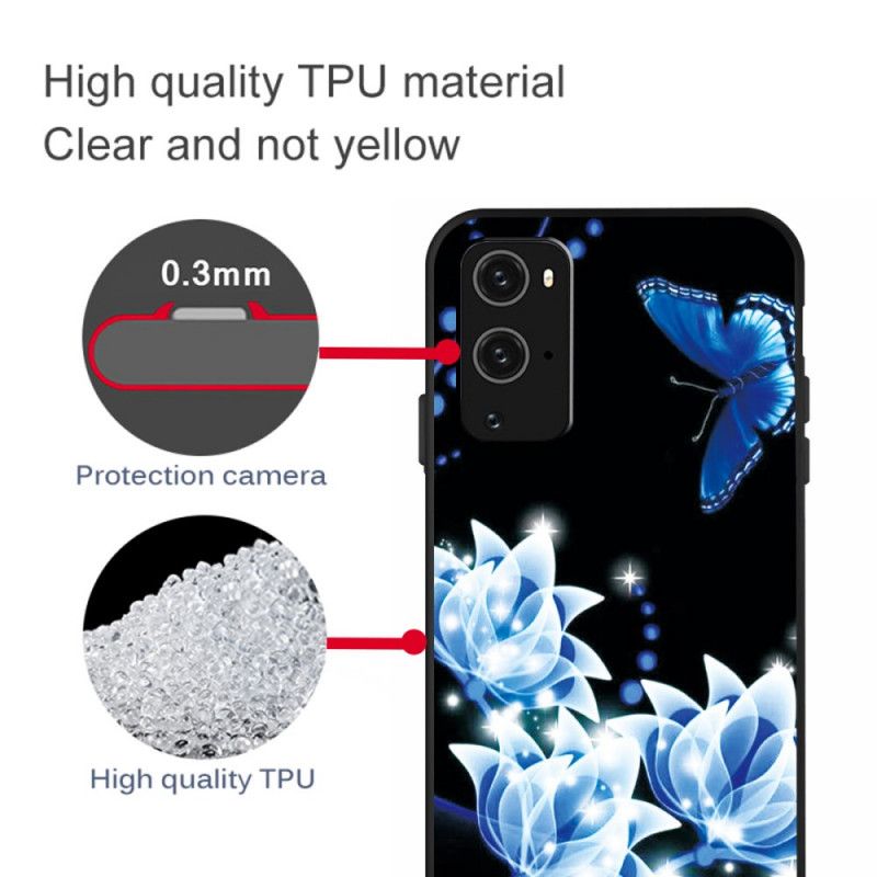 Hoesje voor OnePlus 9 Vlinder En Blauwe Bloemen