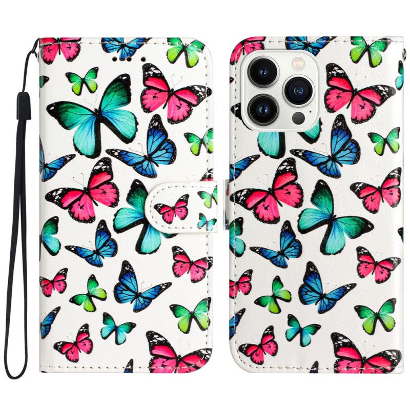 Flip Case Leren iPhone 16 Pro Kleurrijke Vlinders Met Riempje