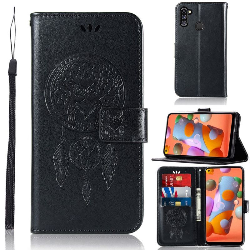 Bescherming Hoesje Samsung Galaxy M11 Bruin Lichtblauw Uil Dromenvanger Met Leereffect