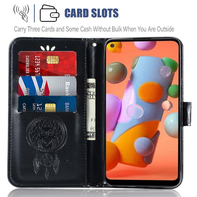 Bescherming Hoesje Samsung Galaxy M11 Bruin Lichtblauw Uil Dromenvanger Met Leereffect