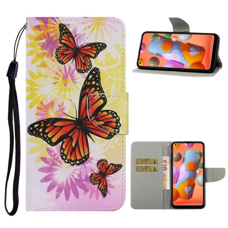 Cover Folio-hoesje Samsung Galaxy M11 Lichtblauw Geel Telefoonhoesje Vlinders En Zomerbloemen