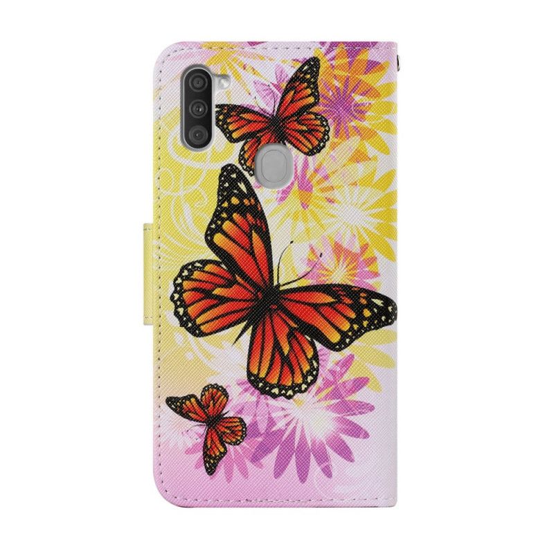 Cover Folio-hoesje Samsung Galaxy M11 Lichtblauw Geel Telefoonhoesje Vlinders En Zomerbloemen