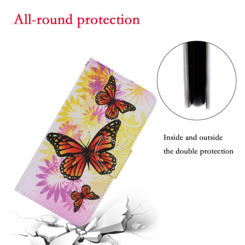 Cover Folio-hoesje Samsung Galaxy M11 Lichtblauw Geel Telefoonhoesje Vlinders En Zomerbloemen