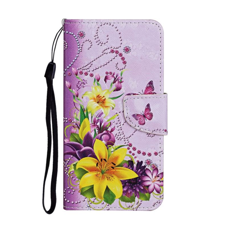 Cover Folio-hoesje Samsung Galaxy M11 Lichtblauw Magenta Telefoonhoesje Meesterlijke Bloemen Met String