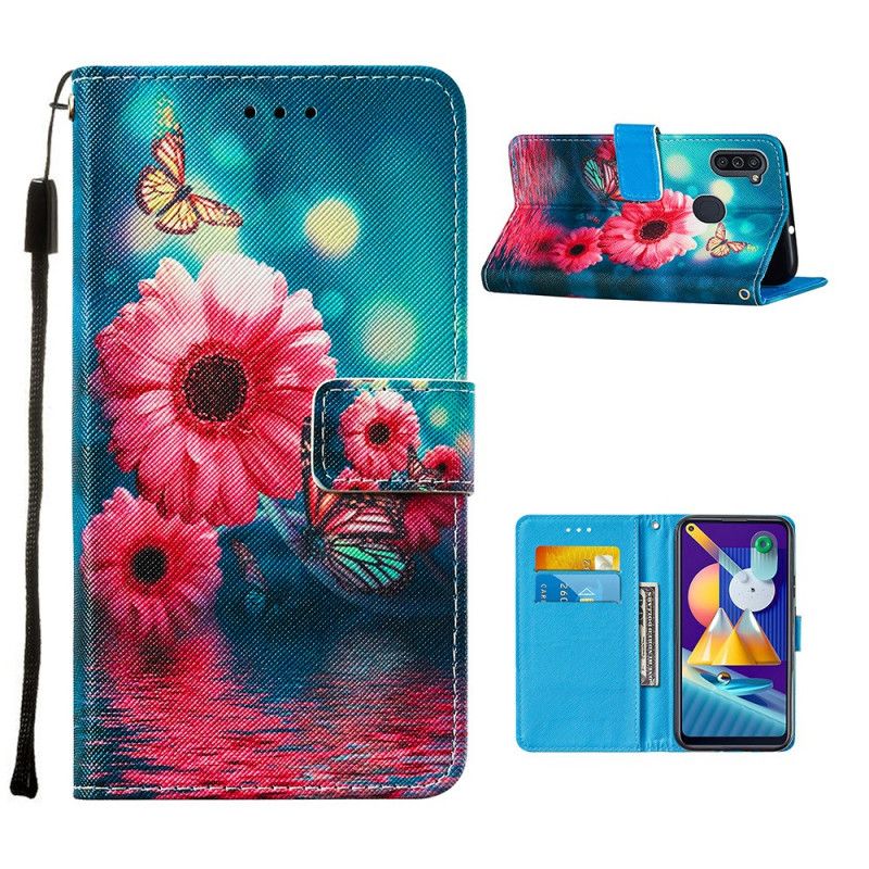 Flip Case Leren Samsung Galaxy M11 Bloemen En Vlinders