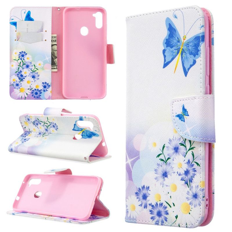 Flip Case Leren Samsung Galaxy M11 Lichtblauw Magenta Geschilderde Vlinders En Bloemen