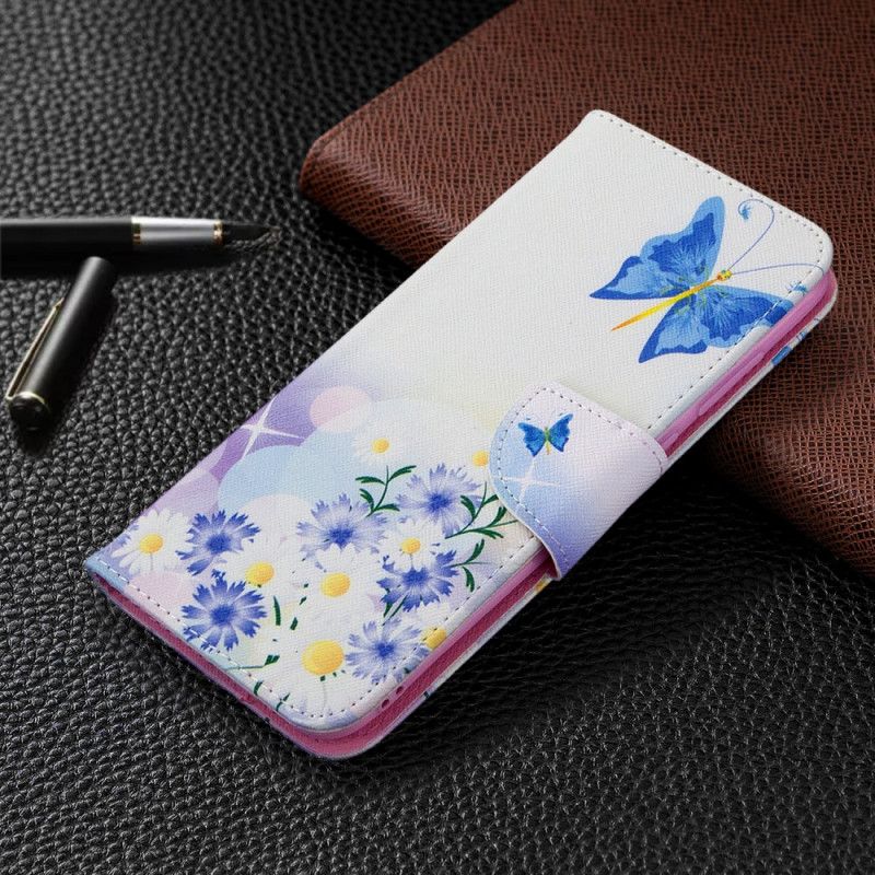 Flip Case Leren Samsung Galaxy M11 Lichtblauw Magenta Geschilderde Vlinders En Bloemen