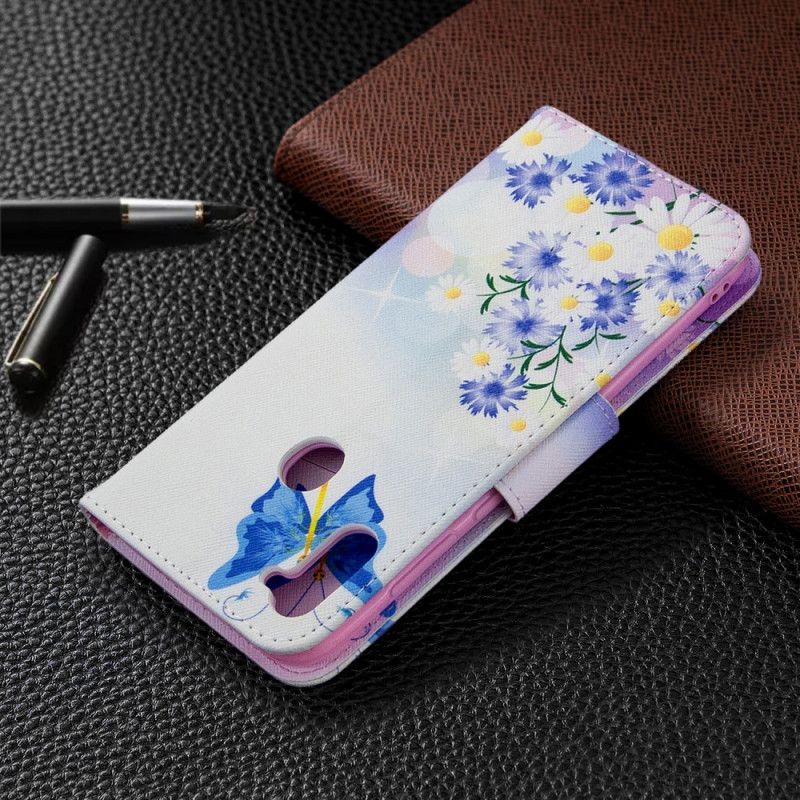 Flip Case Leren Samsung Galaxy M11 Lichtblauw Magenta Geschilderde Vlinders En Bloemen