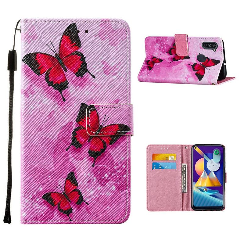 Flip Case Leren Samsung Galaxy M11 Paars Magenta Vlinders Van Imitatieleer Met Textuur
