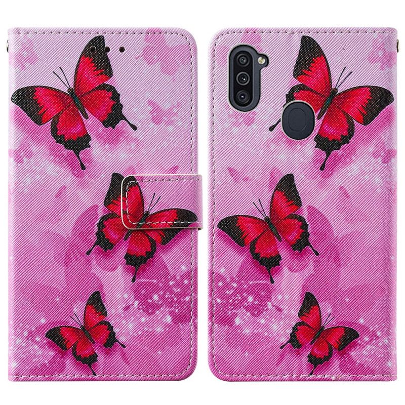 Flip Case Leren Samsung Galaxy M11 Paars Magenta Vlinders Van Imitatieleer Met Textuur