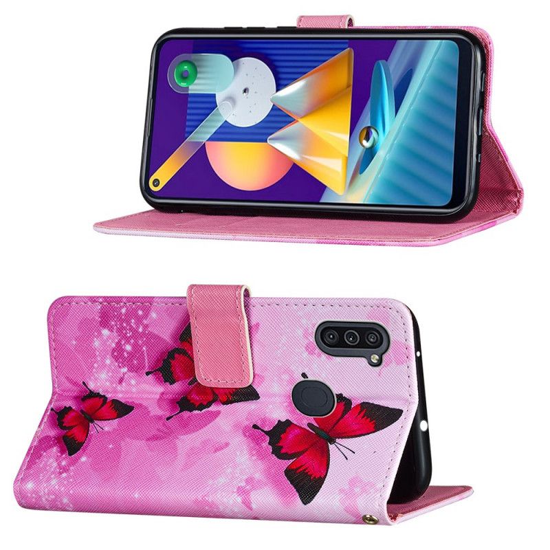 Flip Case Leren Samsung Galaxy M11 Paars Magenta Vlinders Van Imitatieleer Met Textuur