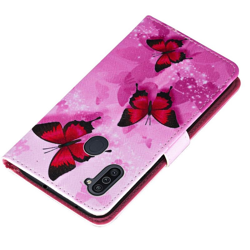 Flip Case Leren Samsung Galaxy M11 Paars Magenta Vlinders Van Imitatieleer Met Textuur