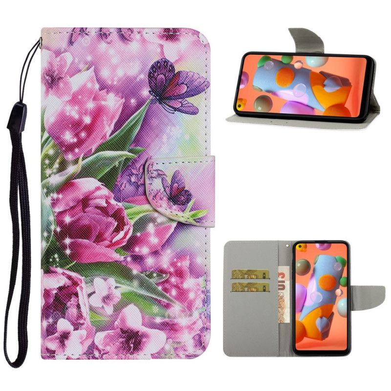 Flip Case Leren Samsung Galaxy M11 Vlinders En Tulpen