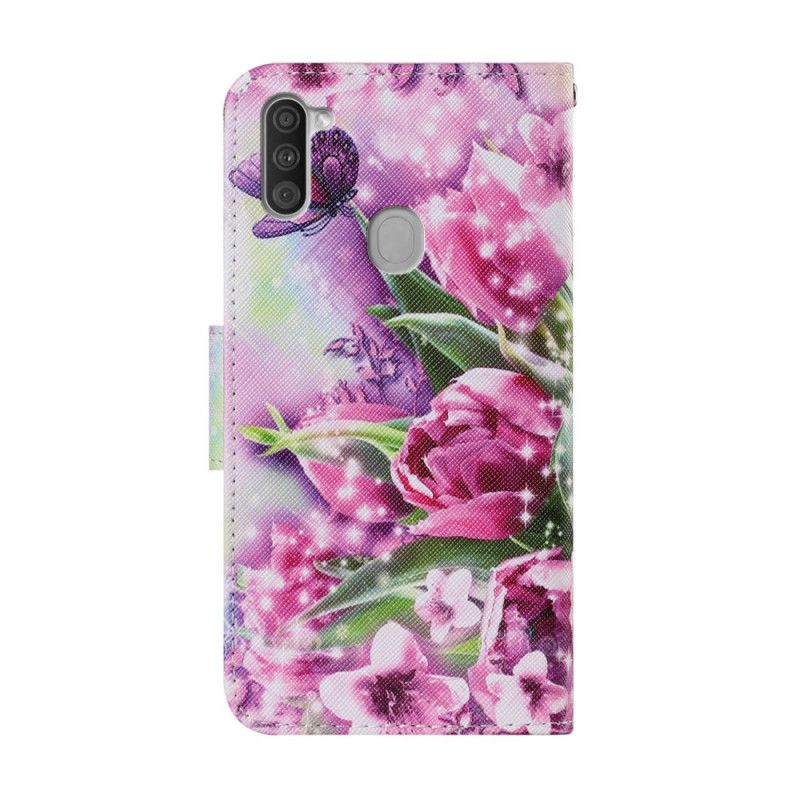 Flip Case Leren Samsung Galaxy M11 Vlinders En Tulpen
