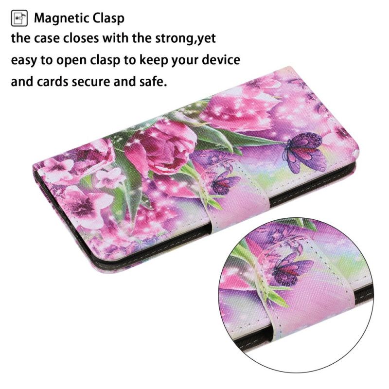Flip Case Leren Samsung Galaxy M11 Vlinders En Tulpen