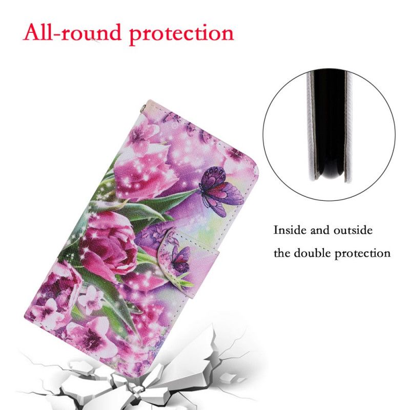 Flip Case Leren Samsung Galaxy M11 Vlinders En Tulpen