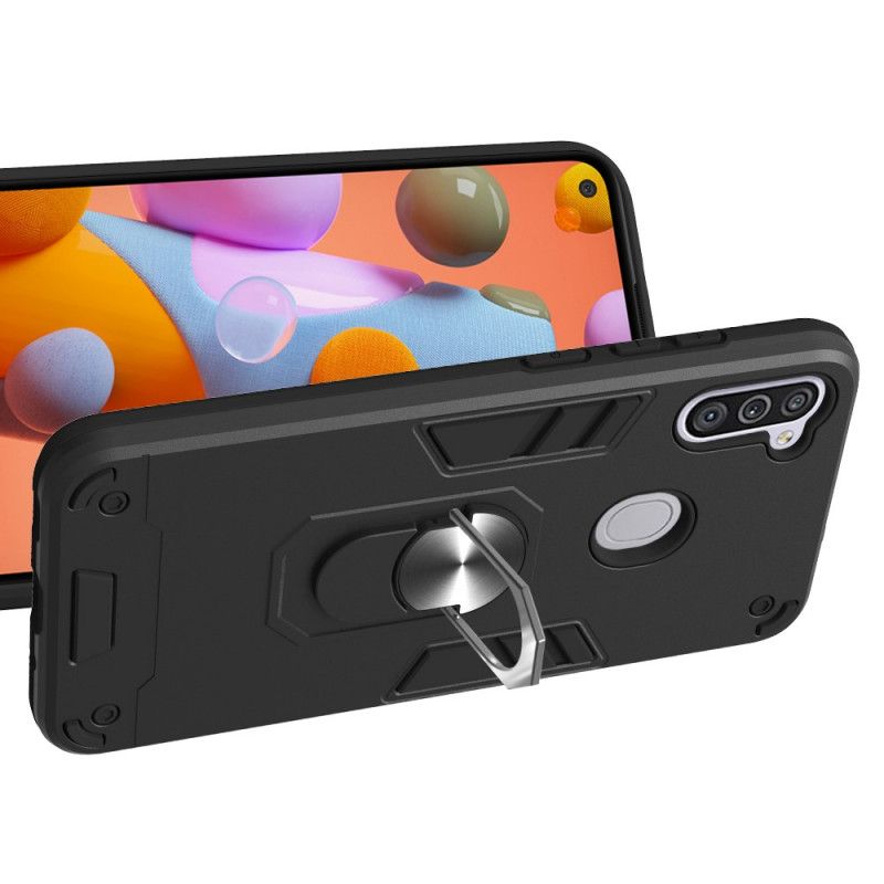 Hoesje voor Samsung Galaxy M11 Wit Zwart Afneembaar Met Steunring