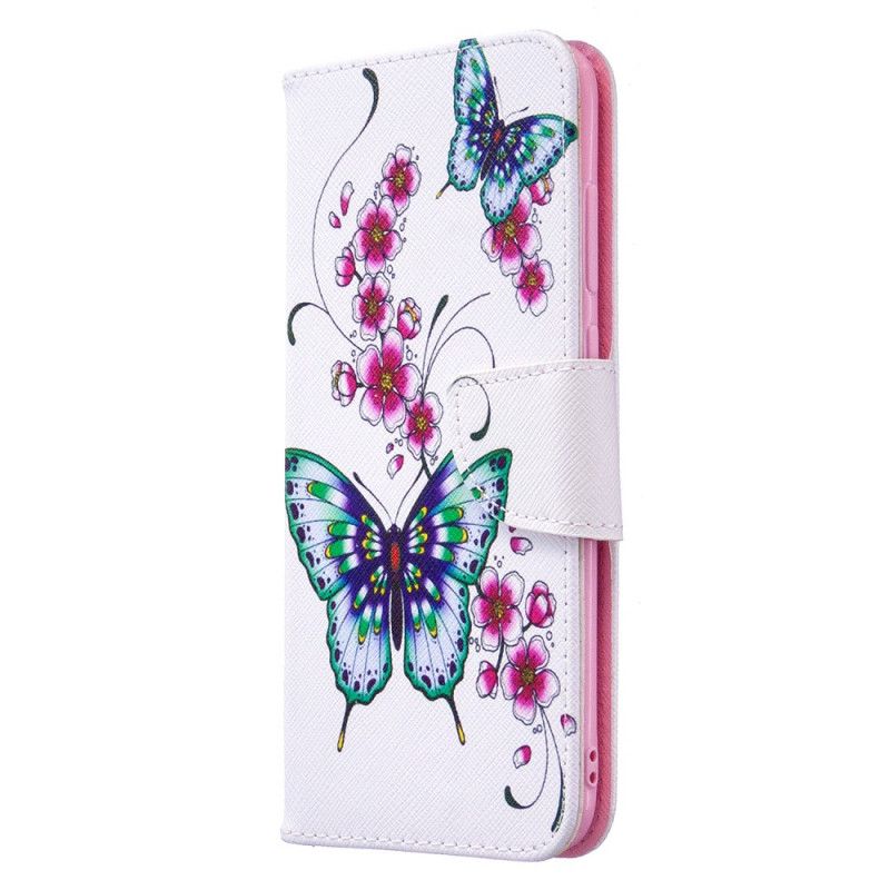 Leren Hoesje Samsung Galaxy M11 Donkerblauw Magenta Koningen Vlinders