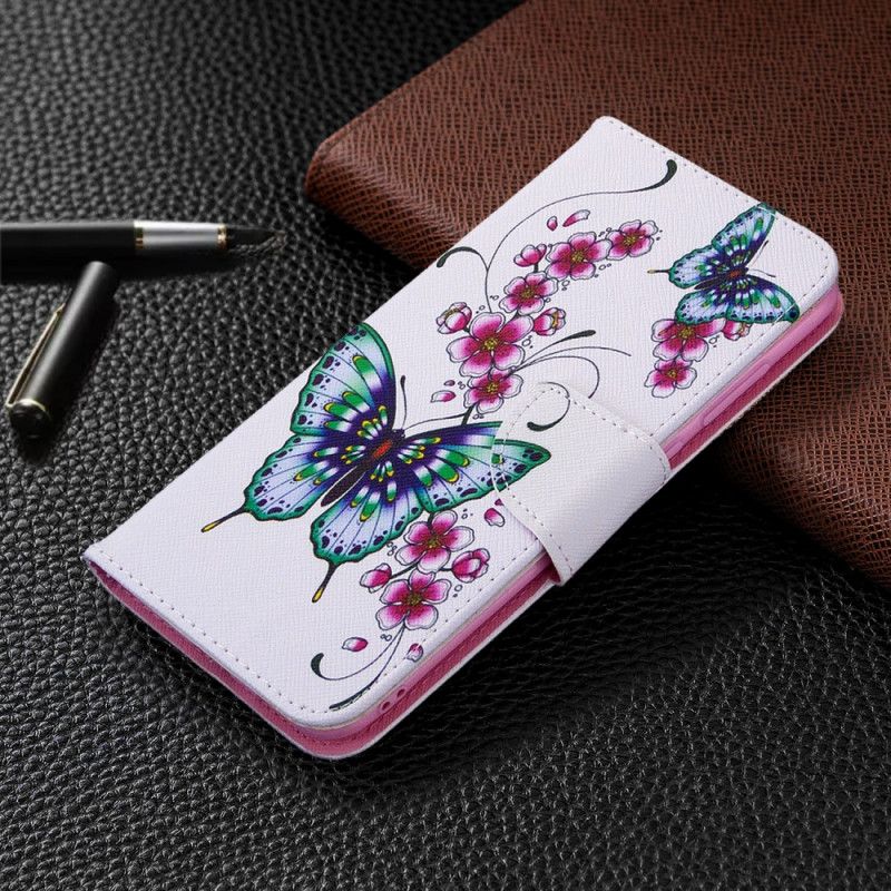 Leren Hoesje Samsung Galaxy M11 Donkerblauw Magenta Koningen Vlinders