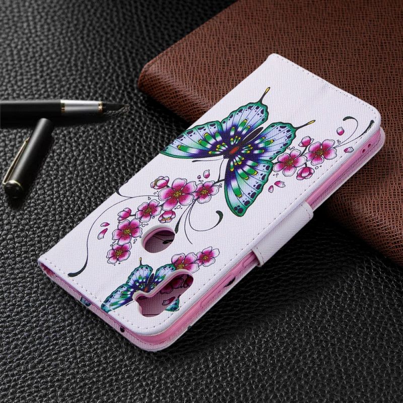 Leren Hoesje Samsung Galaxy M11 Donkerblauw Magenta Koningen Vlinders