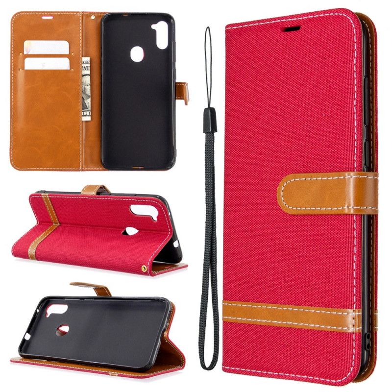 Leren Hoesje Samsung Galaxy M11 Grijs Zwart Stof En Leereffect Met String