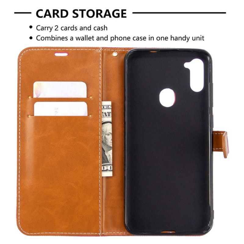 Leren Hoesje Samsung Galaxy M11 Grijs Zwart Stof En Leereffect Met String